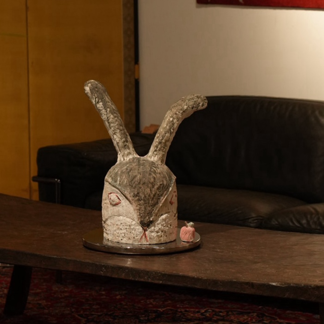 Perked-Ear Red-Marked Rabbit Head - Handmade Coarse Pottery