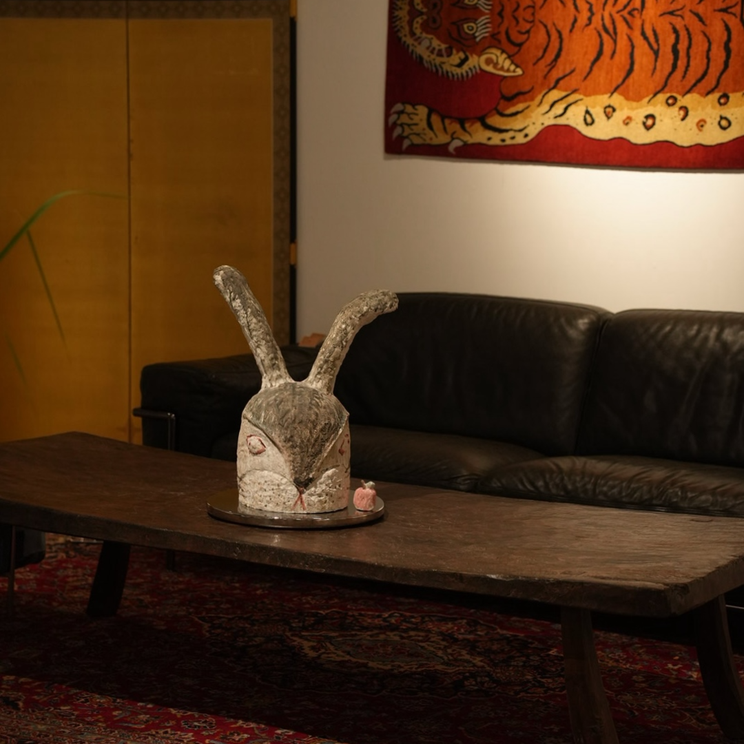 Perked-Ear Red-Marked Rabbit Head - Handmade Coarse Pottery