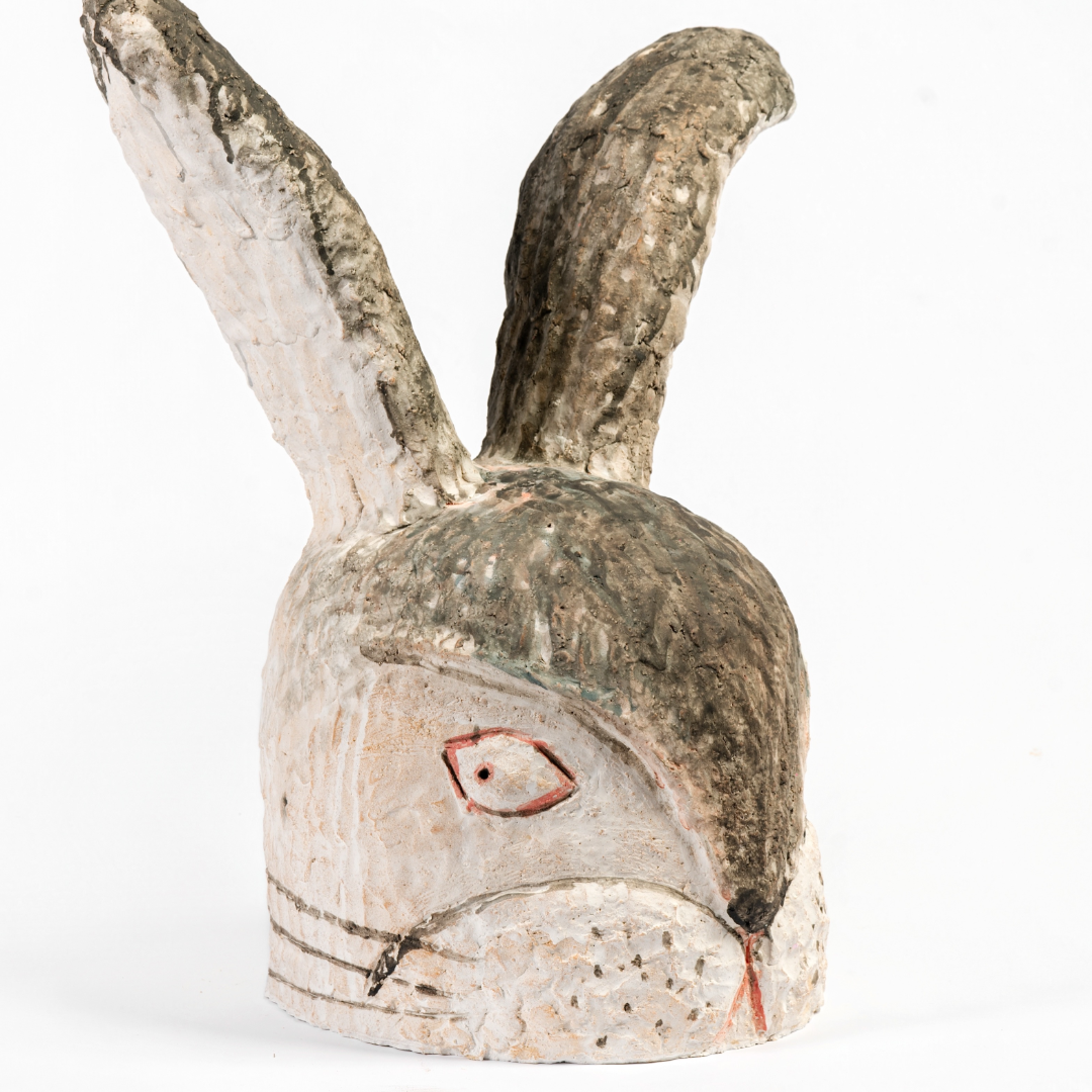 Perked-Ear Red-Marked Rabbit Head - Handmade Coarse Pottery