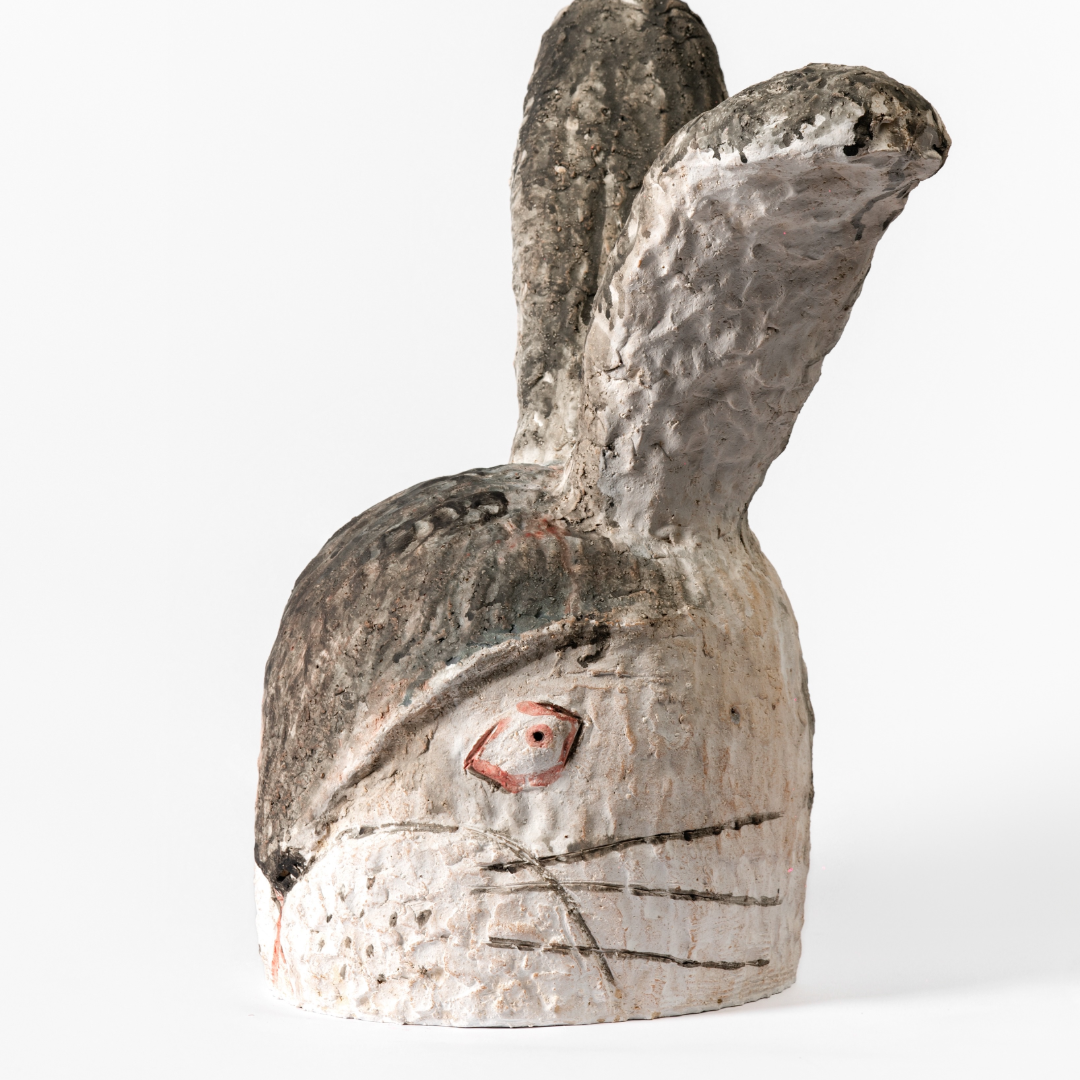 Perked-Ear Red-Marked Rabbit Head - Handmade Coarse Pottery
