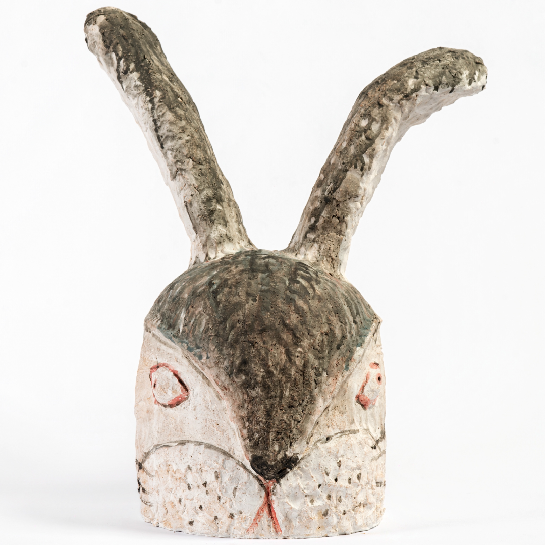 Perked-Ear Red-Marked Rabbit Head - Handmade Coarse Pottery