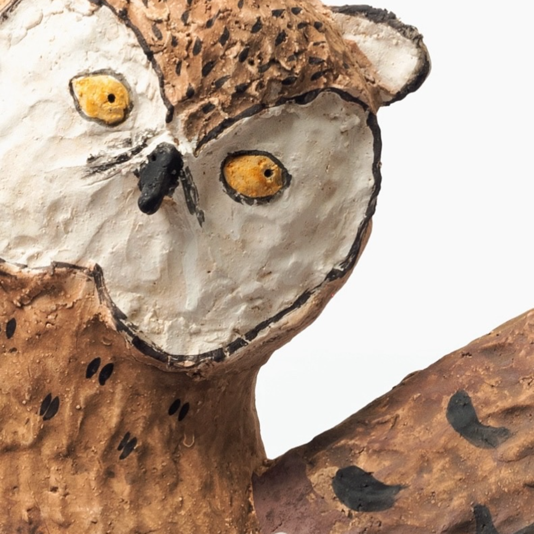 Wing-Spread Patterned Human-Legged Young Owl - Handmade Coarse Pottery