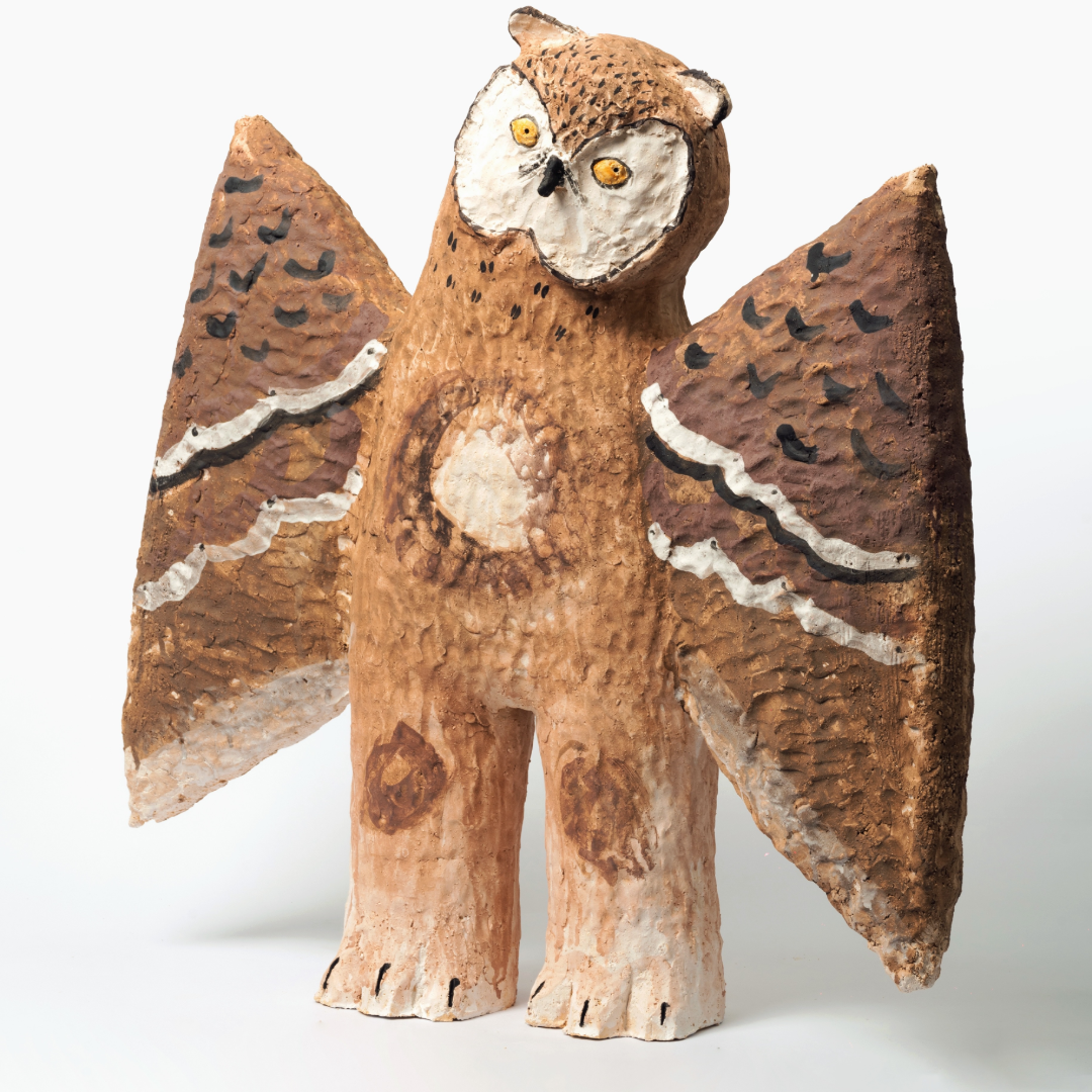 Wing-Spread Patterned Human-Legged Young Owl - Handmade Coarse Pottery
