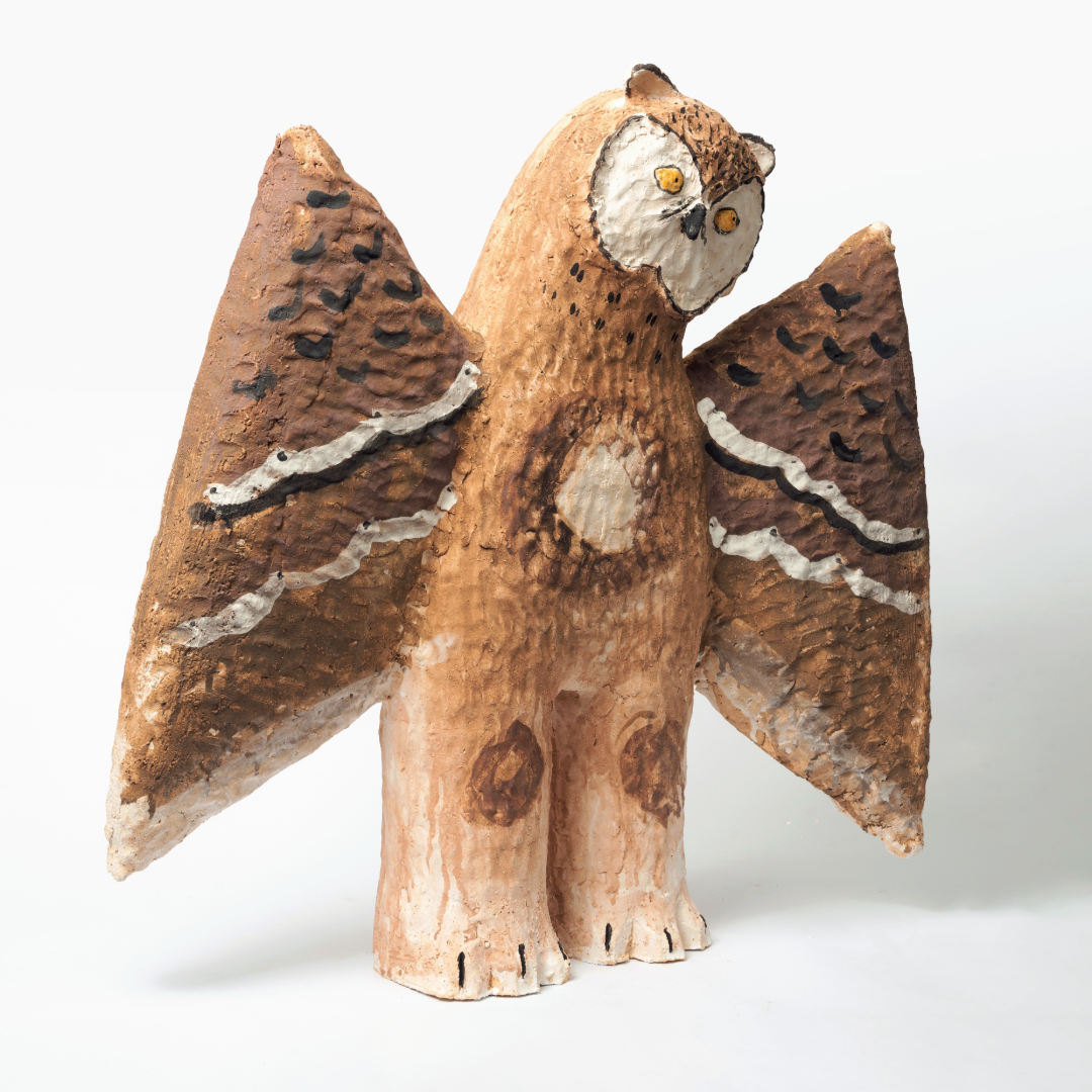 Wing-Spread Patterned Human-Legged Young Owl - Handmade Coarse Pottery