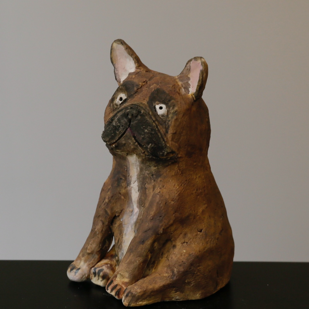 Brown-Striped French Bulldog - Handmade Coarse Pottery