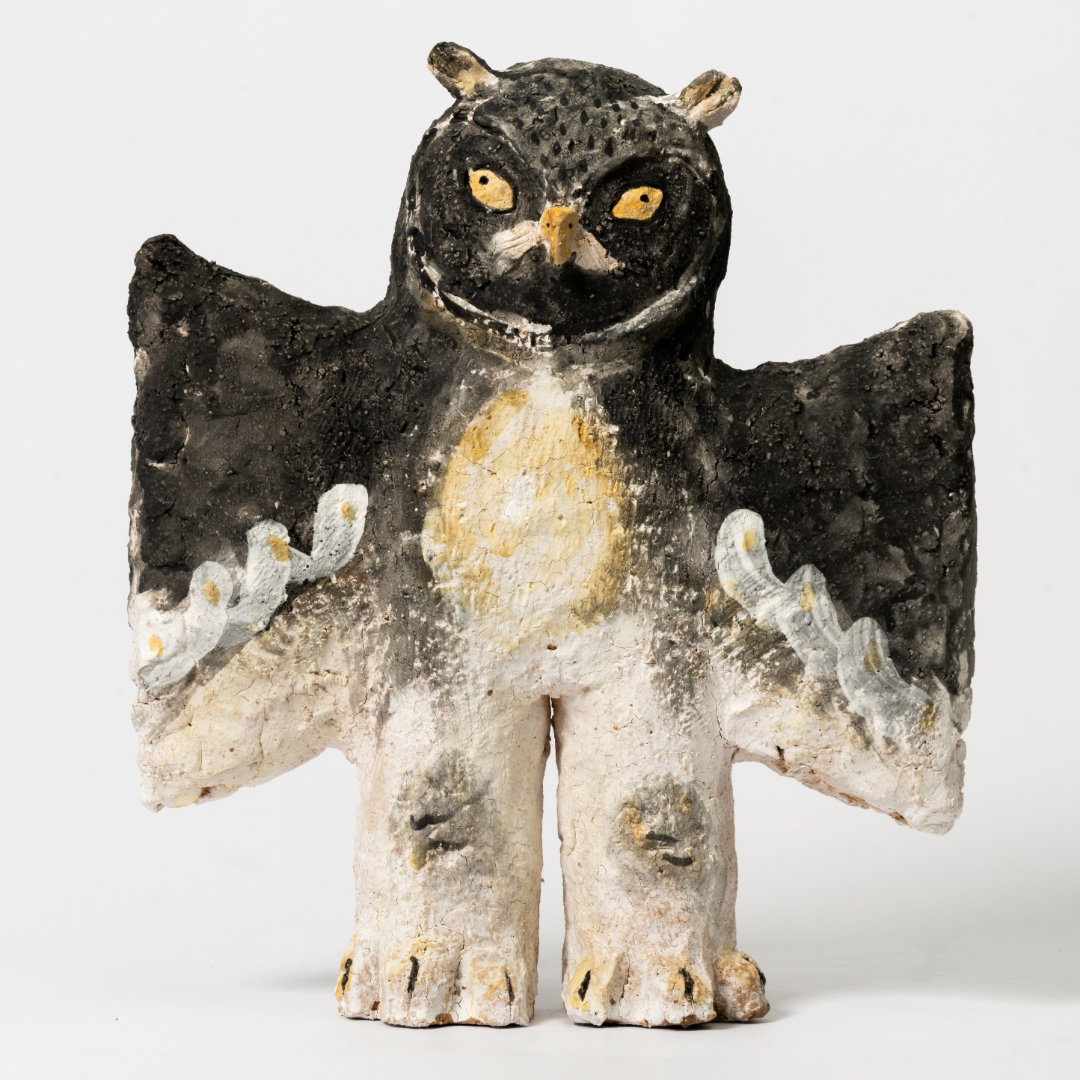 borealforest-handmade-spreading-wings-yellow-eyed-human-legged-young-owl-handmade-coarse-pottery-ceramic-sanctuary-detail-1