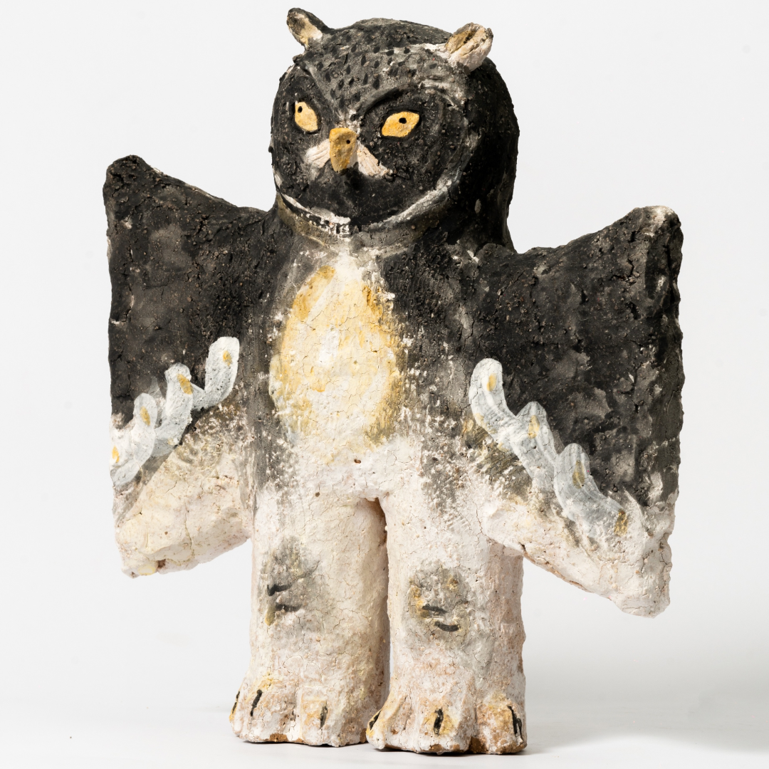 borealforest-handmade-spreading-wings-yellow-eyed-human-legged-young-owl-handmade-coarse-pottery-ceramic-sanctuary-detail-2