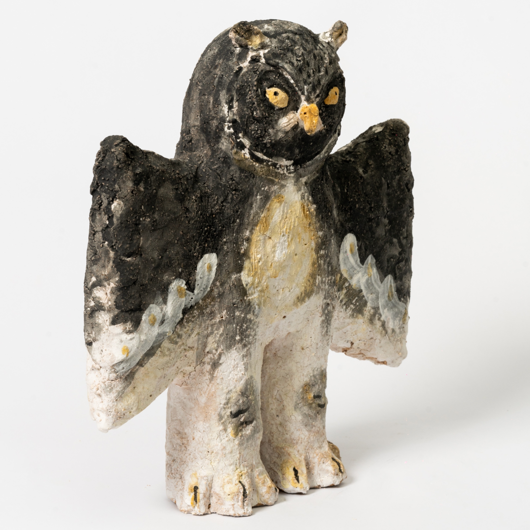 borealforest-handmade-spreading-wings-yellow-eyed-human-legged-young-owl-handmade-coarse-pottery-ceramic-sanctuary-detail-3