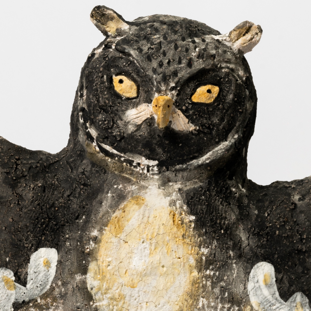 borealforest-handmade-spreading-wings-yellow-eyed-human-legged-young-owl-handmade-coarse-pottery-ceramic-sanctuary-detail-5