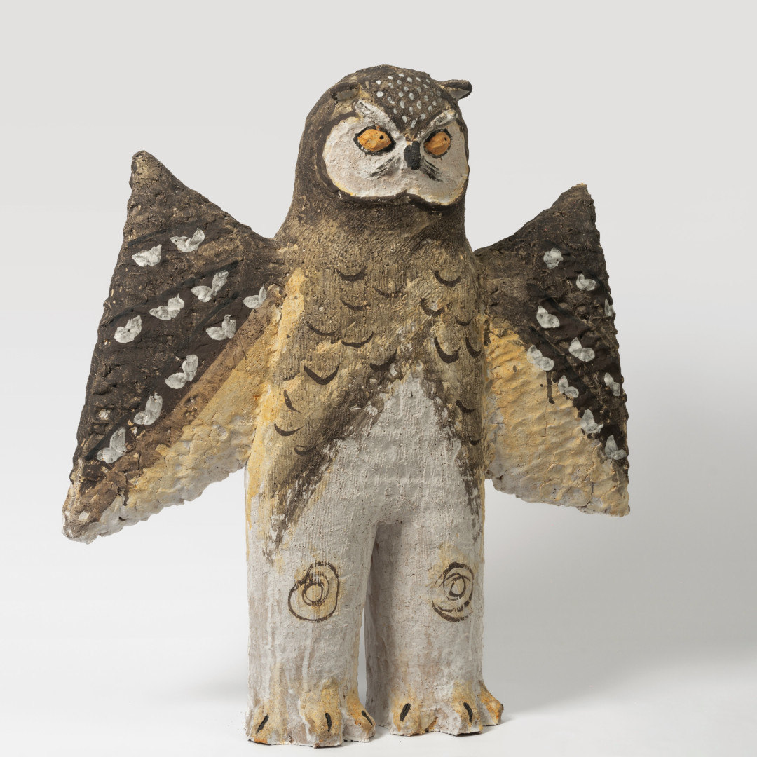 Spreading-Wing Swirl-Patterned Young Owl with White Dots - Handmade Coarse Pottery