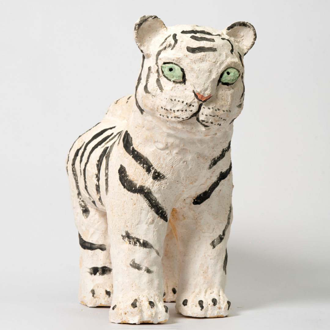 Naive White Tiger Ceramic Sculpture - Handmade Sculpture