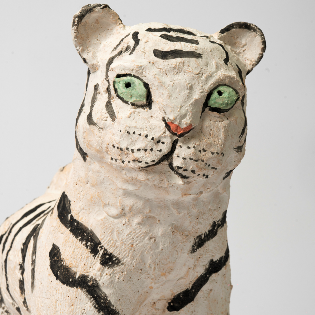 Naive White Tiger Ceramic Sculpture - Handmade Sculpture