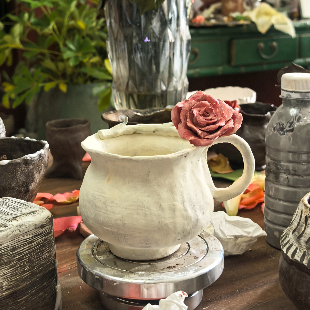 Wide Rose Handle Ceramic Mug Set (Customizable Base) - Handmade Ceramic