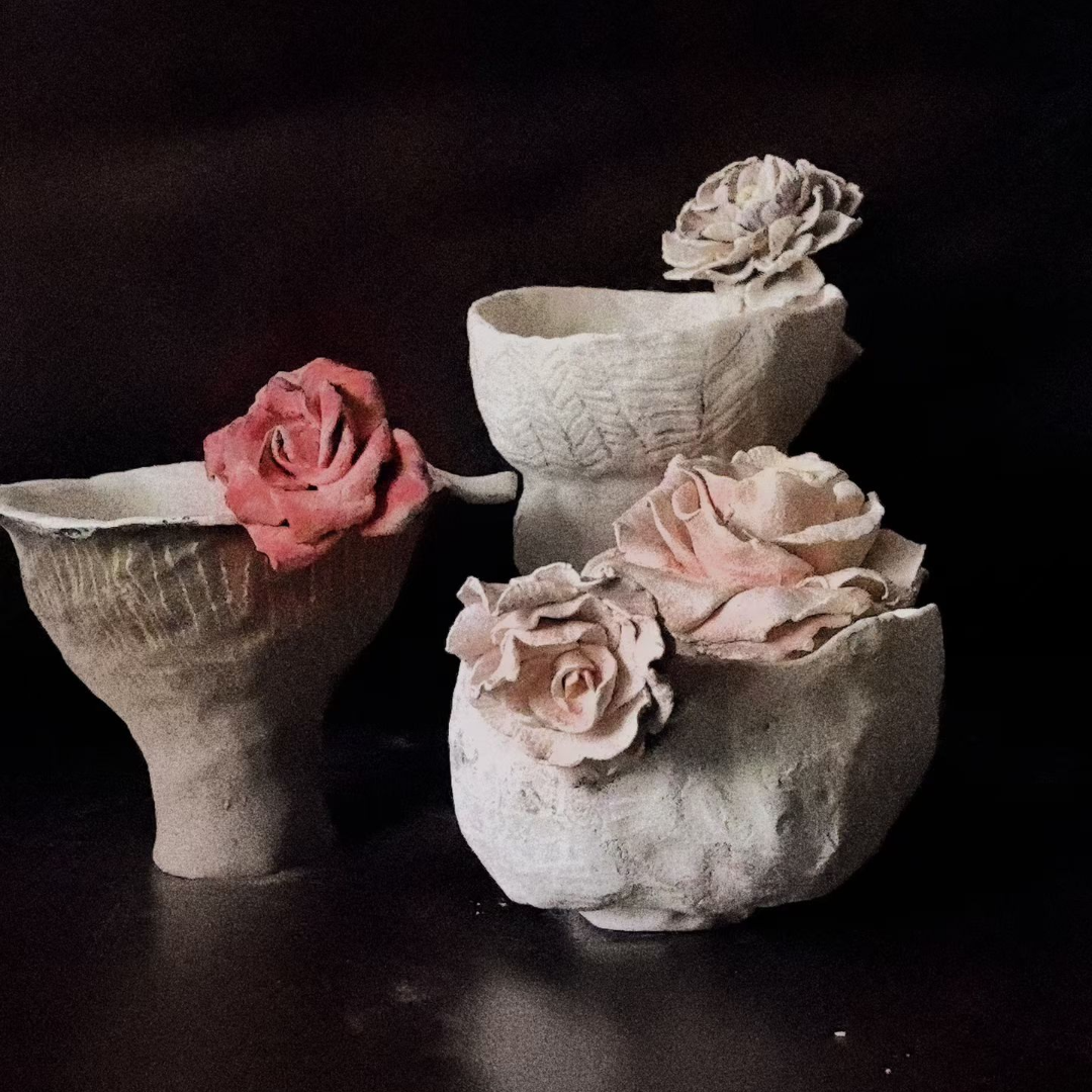 Rose Handle Ceramic Cup Set (Customizable Base) - Handmade Ceramic