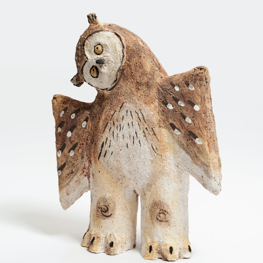 Wing-Spread Patterned Human-Legged Young Owl - Handmade Coarse Pottery