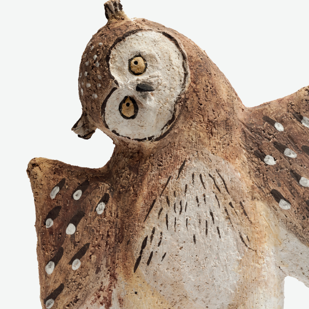 Wing-Spread Patterned Human-Legged Young Owl - Handmade Coarse Pottery
