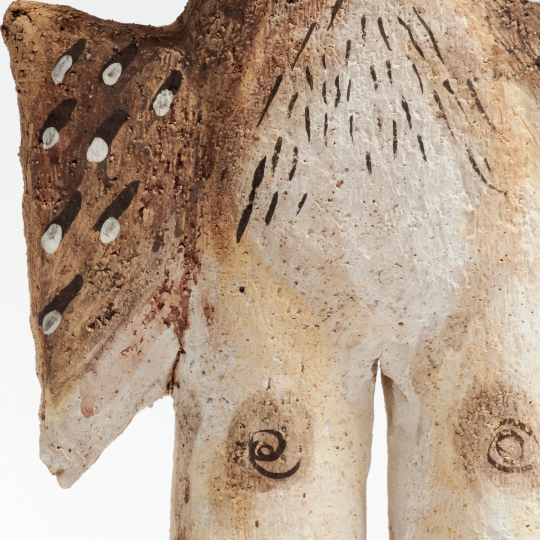 Wing-Spread Patterned Human-Legged Young Owl - Handmade Coarse Pottery