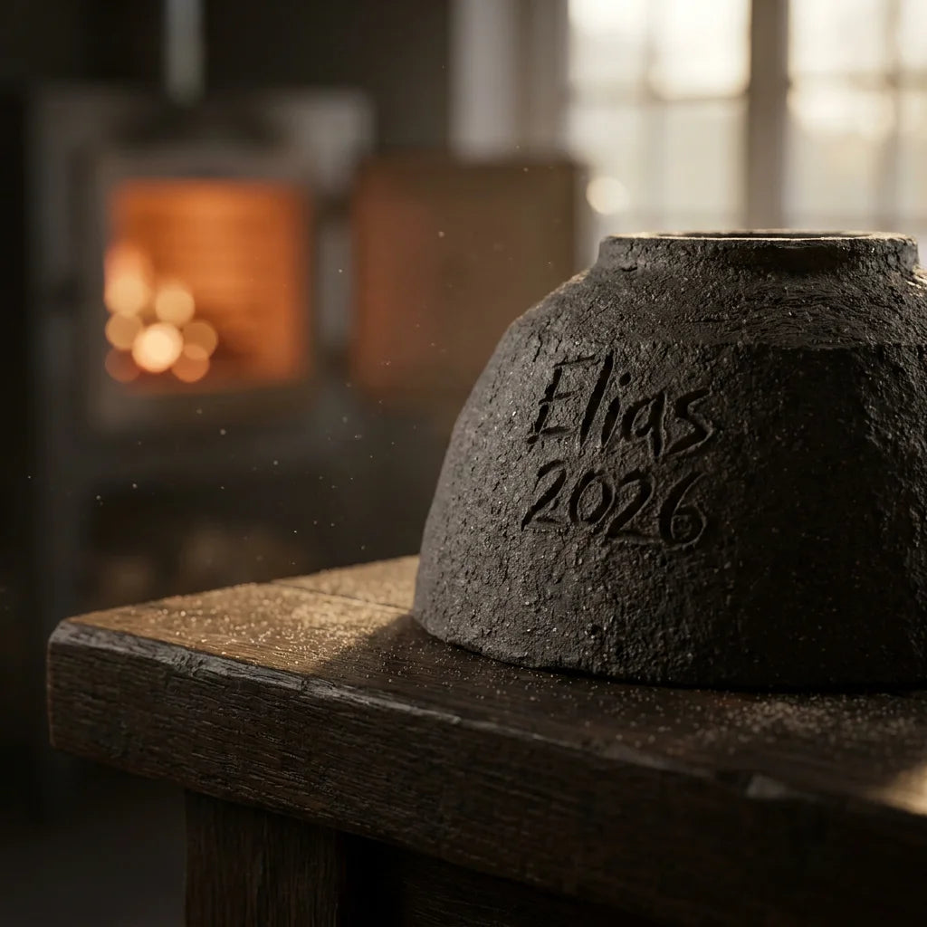 Master artisan Elias 2026 hand-signed provenance on Borealforest high-fired basalt base with kiln aura background